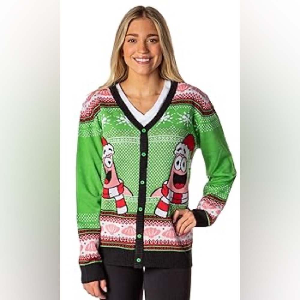 Festive Green‎ Sweater Cardigan with Cartoon Design